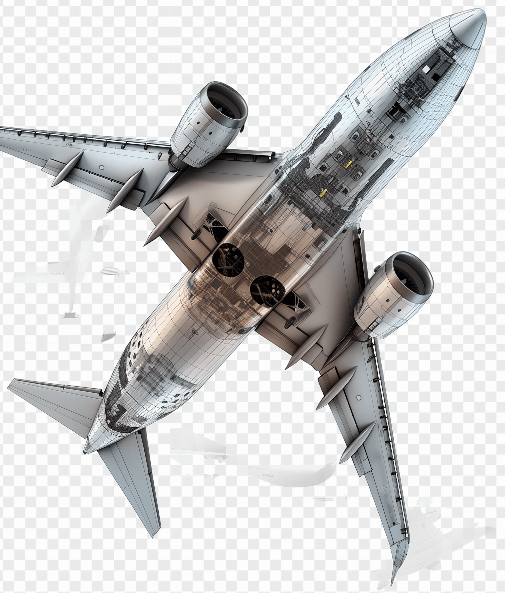 3D airplane cutaway drawing in the style of transparent background, PNG format