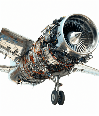 cutaway view of an airplane engine, white background, hyper realistic photography