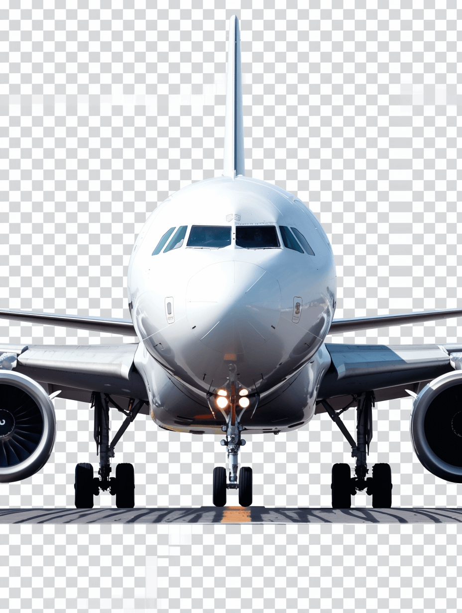 Front view of an airplane on the runway, transparent background, png format, high resolution, high quality, high detail, realistic photo, high definition