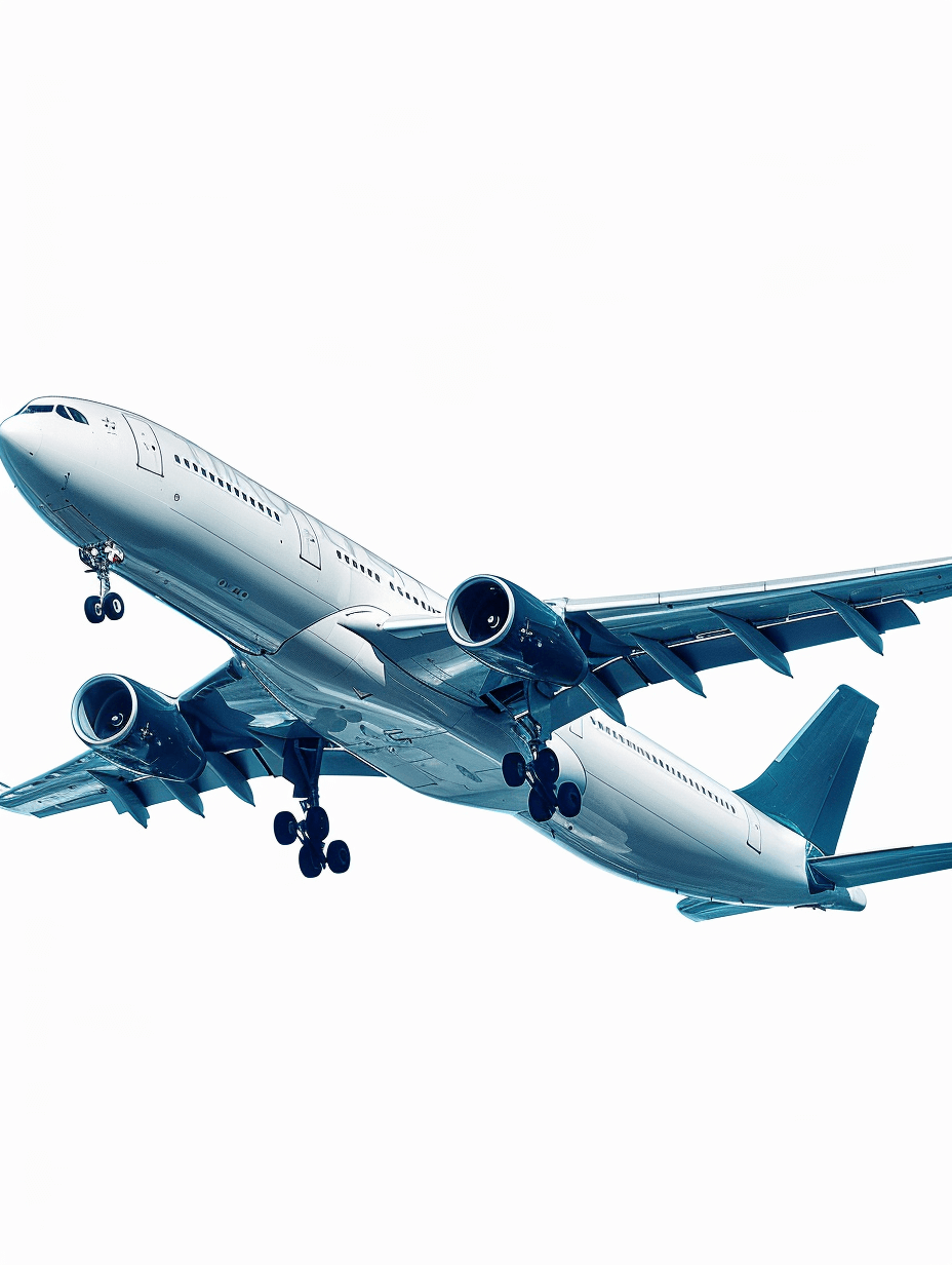 Airplane taking off in the sky, white background, blue and gray color scheme, 3D rendering without shadows, high resolution, high detail, high quality image in the style of airplane, airplane.