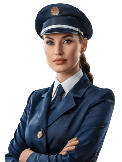 A realistic photograph of an attractive flight attendant in a dark blue uniform with a white collar and cap, looking at the camera with crossed arms, isolated on a white background, with professional color grading, soft shadows, and clean sharp focus in the style of no contrast.