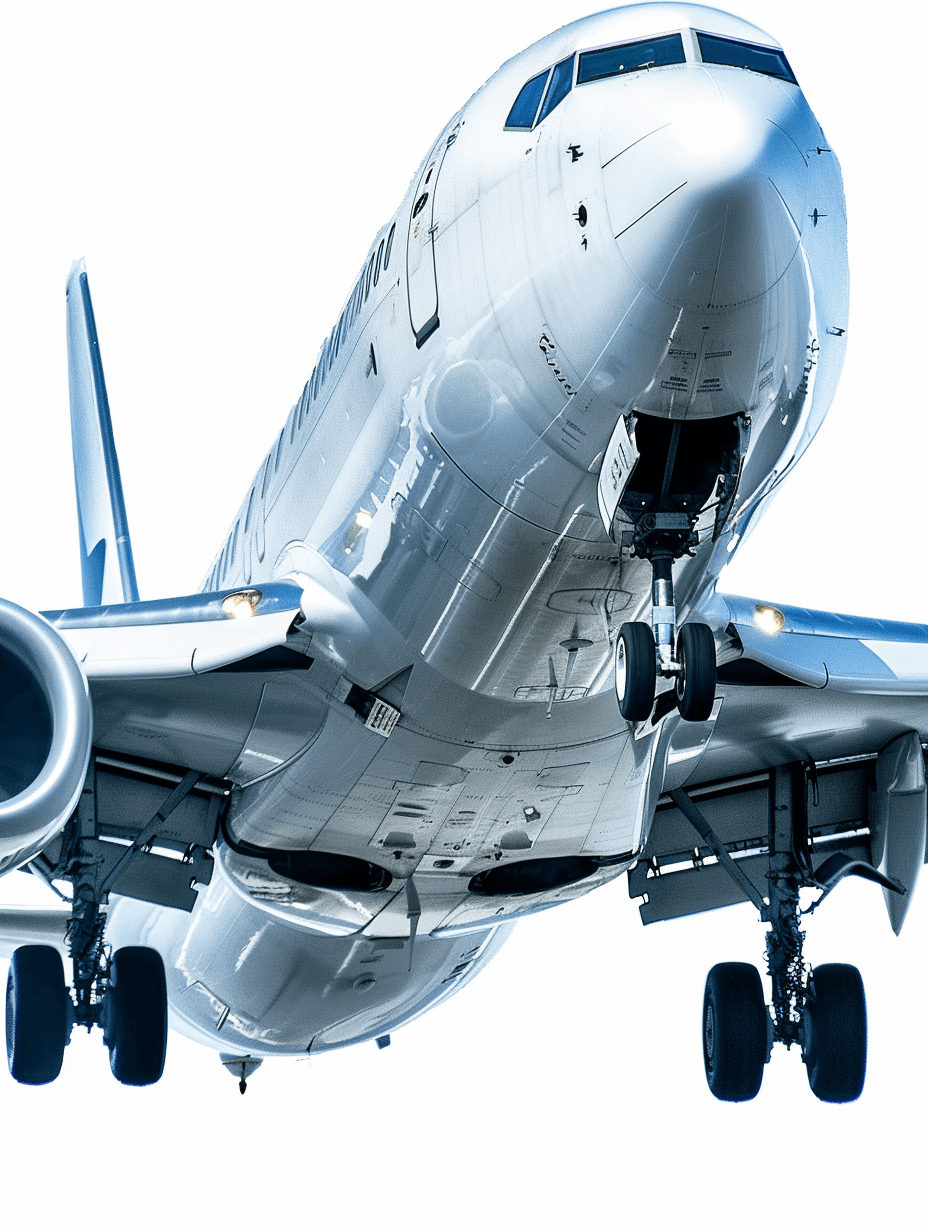 An ultrarealistic photograph of the undercarriage of a commercial airplane against a white background, in the style of commercial airplane, in PNG format with high resolution.