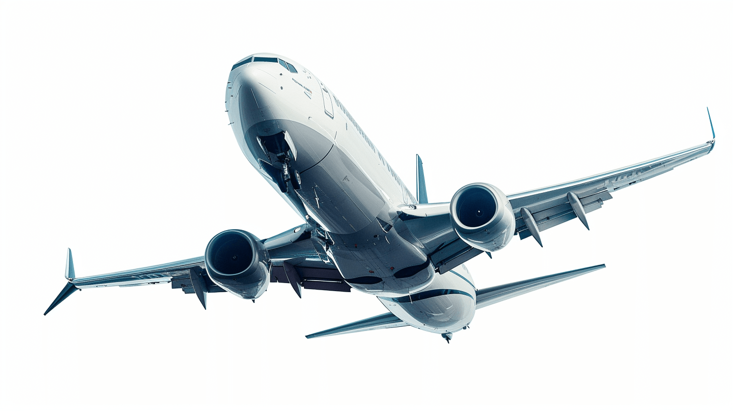 Boeing airplane flying isolated on white background, no shadows, no gradient, no gray color