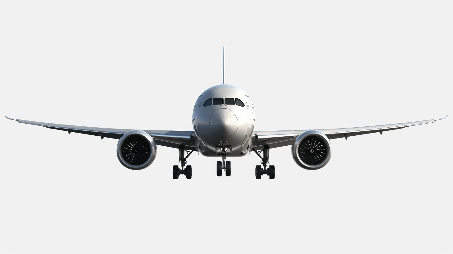 A complete boeing airplane flying on white background, front view, photorealistic