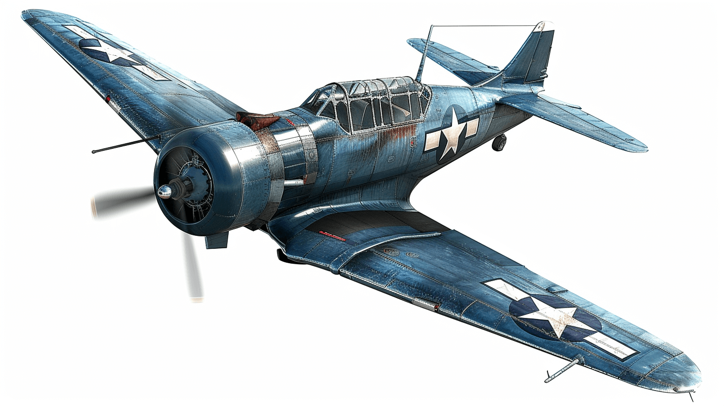 realistic illustration of an old blue U.S colupo fighter plane from world war two flying on white background