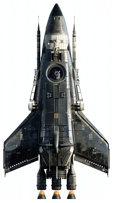 A spaceship with a black metal texture and transparent background shown from a top view in a sci-fi style with realistic rendering and sci-fi design elements as well as detailed surface details. It has four engines on the back. The overall shape is like an elongated rocket, with symmetrical wings at both ends and high resolution and definition.