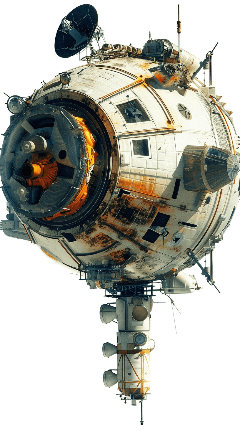 Sphère élémentaire de lbitmech, “bit mecanique”, the bitman, white background, Hyperrealistic photography of a science fiction space station with orange details, intricate detail across the whole body, high resolution, hyper detailed photorealistic, high angle view, white background, in the style of png, high definition