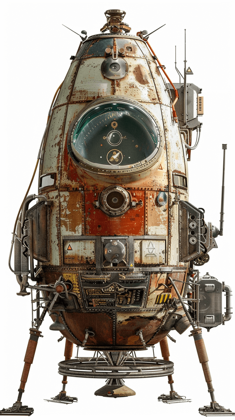 A small space ship with rusty metal and wood elements, in the steampunk style, on a white background, a hyper realistic oil painting, a full body shot of the ship.