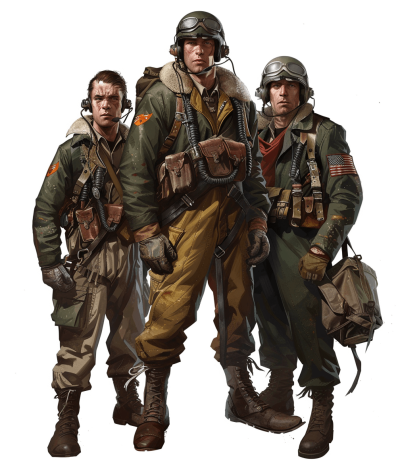 world war two bomber crew, three men standing together for group photo, full body shot, white background, digital painting, dungeons and dragons character art