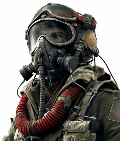 A military pilot wearing an oxygen mask and helmet, with red accent colors, in the style of hyper realistic game item artwork, on a blank white background, with high resolution, like a professional digital painting, that is highly detailed.