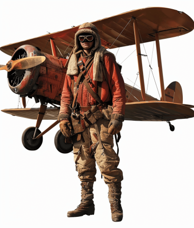 A World War I biplane pilot in uniform standing next to his plane, full body shot, white background, photorealistic, cinematic photography, high resolution, in the style of ultra realistic photography.