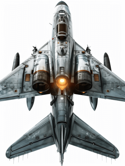 A realistic cinematic illustration of an F4 jet fighter with its engines at full thrust, seen from above on a white background for cutout. A highly detailed digital painting with natural lighting in the style of concept art. The artwork is smooth with sharp focus and high resolution.