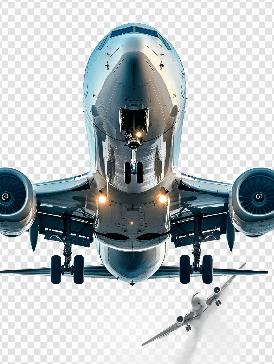 Big jet airplane, white background, transparent PNG, high resolution, top view.