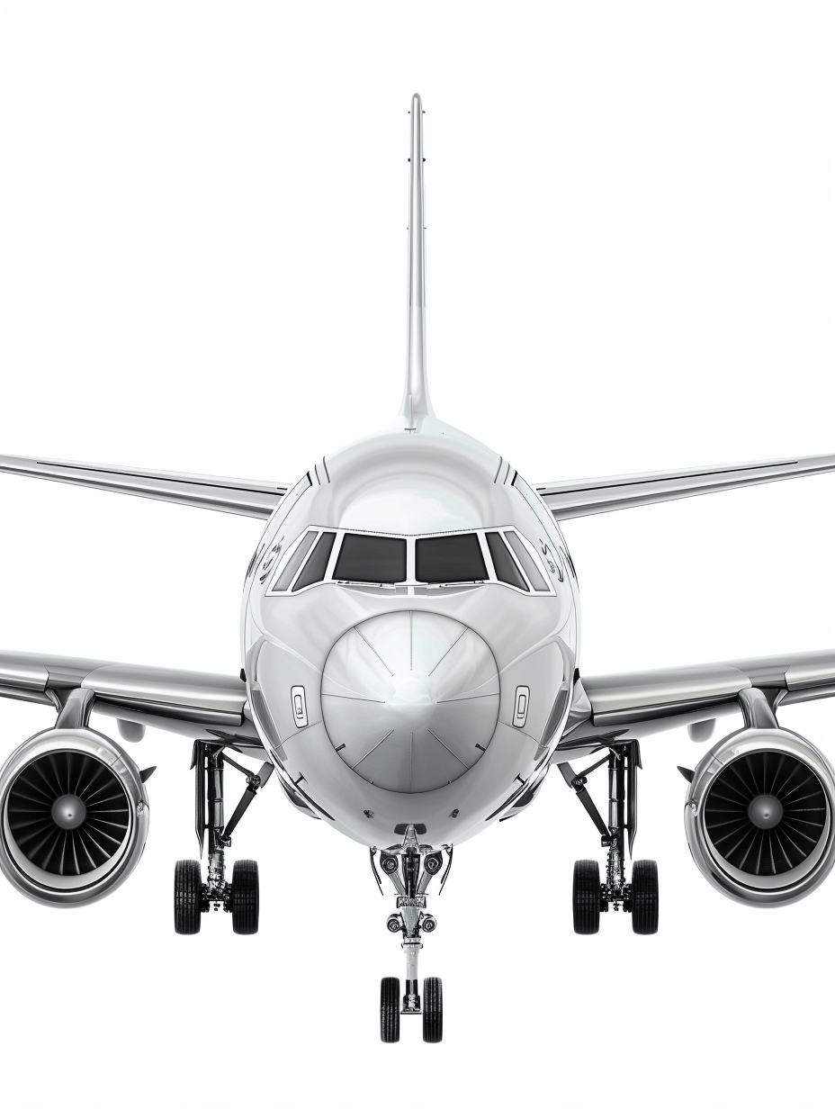 Front view of an airplane with a white background, vector illustration showing detailed design and features in the style of a digital art and professional photography. The illustration is in a hyper realistic and hyper resolution high definition high quality style as if captured with a wide angle lens in a wide frame against a white background, in PNG format.