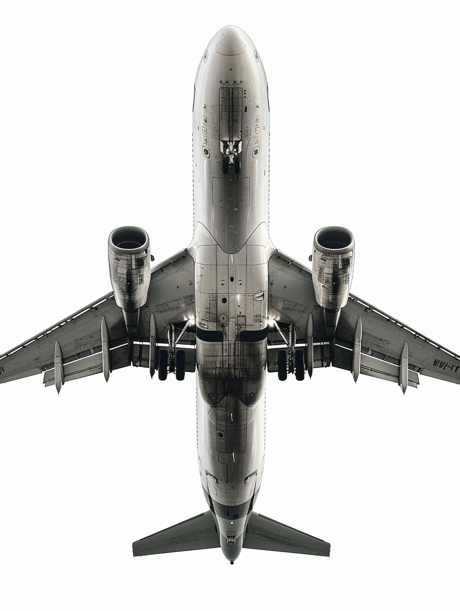 A complete flying passenger plane in a symmetrical composition viewed from above on a white background with hyperrealistic details captured in high definition photography using studio lighting and rendered in a high resolution style.