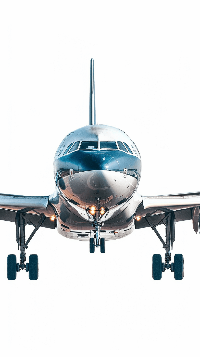 A photo of the complete aircraft, taken from below with a white background, shows a silver passenger plane in flight. The front view facing forward is symmetrical and frontal, with lights on its wings. The wheels are parked at ground level. The plane is flying towards the viewer in the style of real photography. It has sharp focus, high definition, high resolution, high detail and high quality. The details, picture quality and clarity are superb.