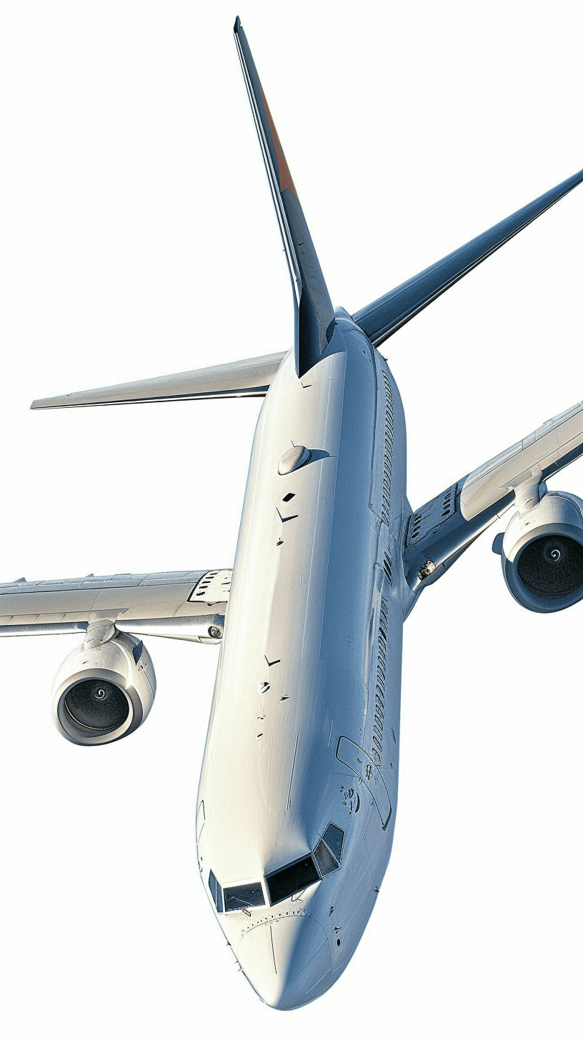 An ultrarealistic image of the complete profile view from above, showcasing the modern Boeing airplane in flight against a white background with no shadow on the bottom. The image is in the style of an anonymous Chinese artist.