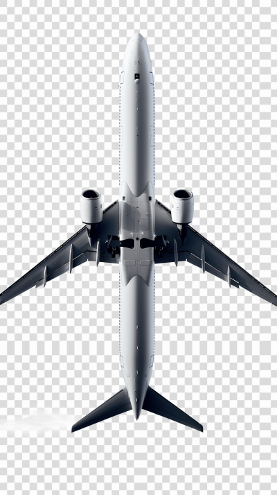 White airplane, top view, transparent background, png format.