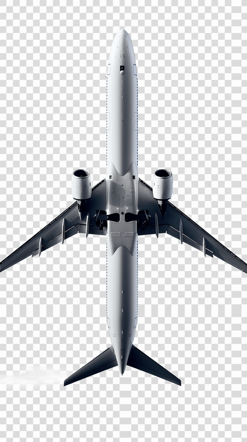 White airplane, top view, transparent background, png format.