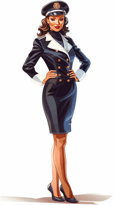 full body illustration of a woman in a navy flight uniform, high heels and hat in the style of an aviation-themed artwork.