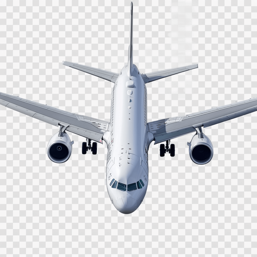 flying airplane, top view isolated on transparent background cutout PNG file with white border