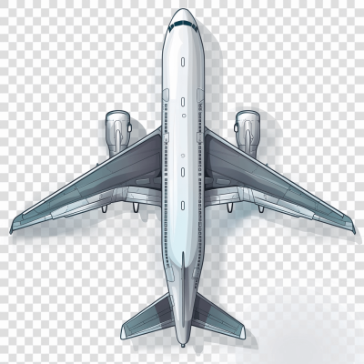 Realistic simple cartoon vector style, airplane from above, transparent background