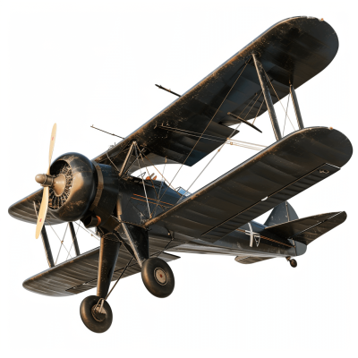 Black German biplane, white background, PNG style, no shadowing, no gradient, high resolution, no gray shading, no sharp edges, no text or letters on the plane, no wings with cross symbol on it. Isolated on white background. The image is captured in stunning super realistic photo detail and quality using professional photography techniques.