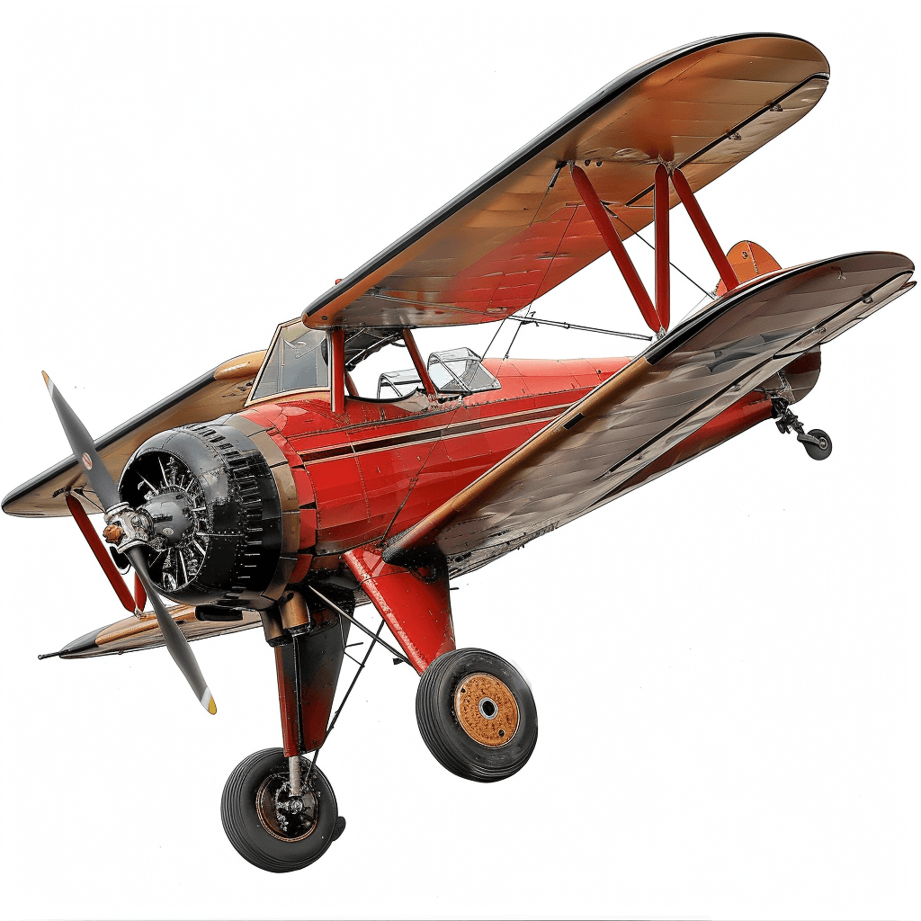 Red and brown biplane with open wings, white background, no shadows, 3D rendering, high resolution, professional photograph, HDR, very detailed, sharp focus, studio lighting,