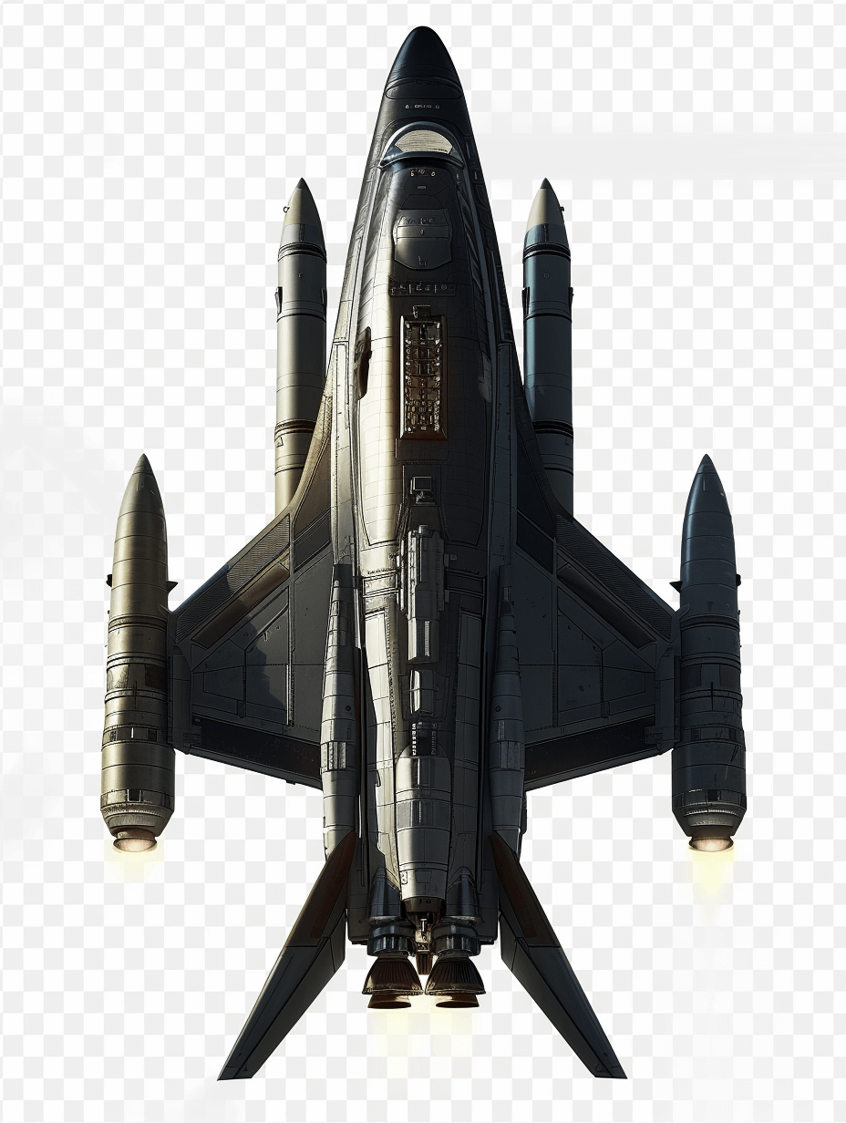 F20 jet fighter, top view, transparent background, in the style of PNG, spaceship with three missile pods on each wing, scifi design, spaceship with two huge engines at the back, two big vertical tail façade, dark grey color theme.