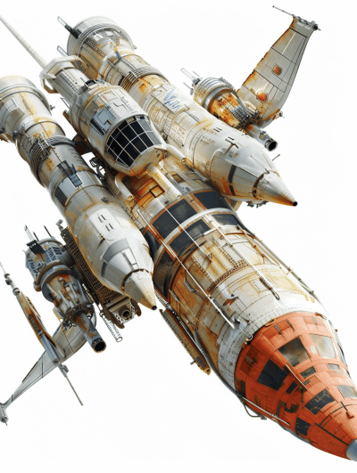 A detailed illustration of an old rusty spaceship, with a white background, in a top down view, cut out on the plane, with lots of detail and shading. The futuristic design features large jet engines and is in the style of Star Wars, with rusty metal and orange paint details. Four small wings extend symmetrically from both sides. On one side are two rocket thrusters attached to each other.