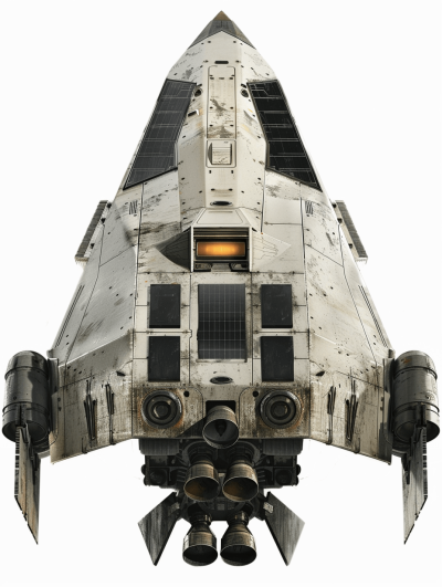 A realistic cinematic shot of the front view of an old spaceship, isolated on a white background, from a top down perspective, with hyperrealistic details, in a symmetrical composition, with high resolution and highly detailed.