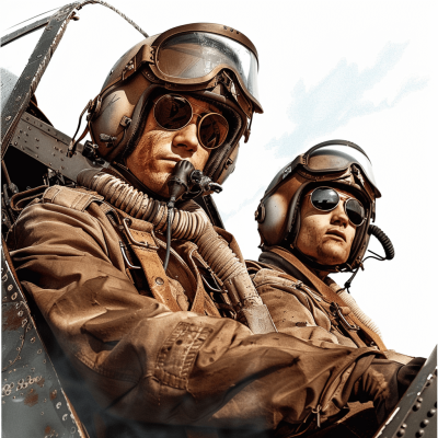 two male fighter pilots of world war two, wearing brown leather and goggles with helmet on in the cockpit, ultra realistic photography