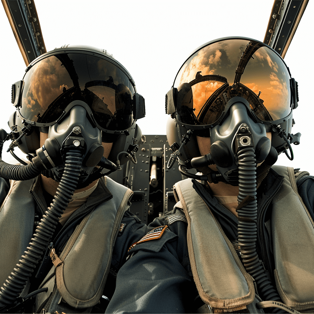 two fighter pilots in full flight gear, sitting side by side inside an F20 jet cockpit with the sky visible through their helmets, hyper realistic photography