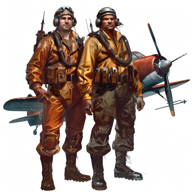 concept art of two fighter pilots standing next to an airplane, World War II era, brown and yellow uniforms, full body view, white background