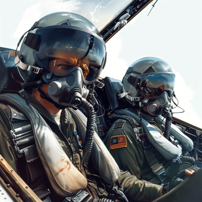 two fighter pilots in uniform, sitting inside the cockpit of an F20 jet with their helmets on and goggles up, hyper realistic illustration