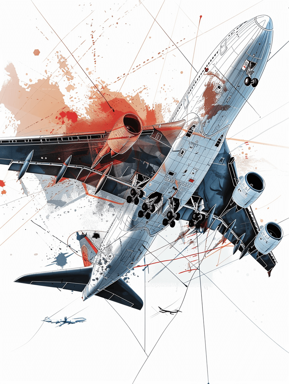 An illustration of an airplane with broken parts on a white background in the style of vector art by [Yoji Shinkawa](https://goo.gl/search?artist%20Yoji%20Shinkawa) and Dominik Mayer. Energyfilled illustrations with dynamic brushstrokes in the Storybook Illustration style. Bold color palette and a close up shot with ink splashes.