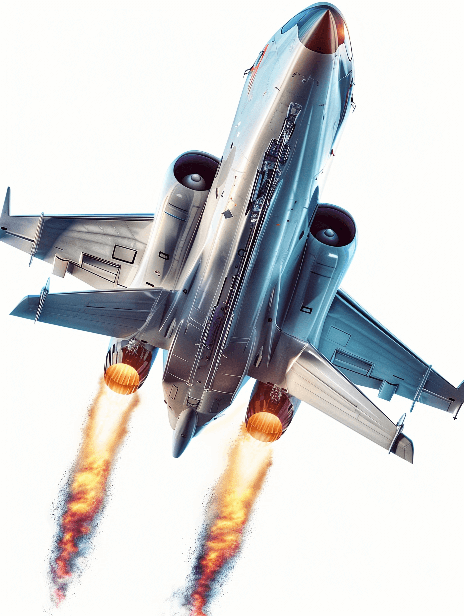 A jet engine fighter plane with two engines on a white background, in a vector illustration style, depicted in a cartoon-like manner, with smoke and flames behind it. The tail is equipped with wing nailers for ground take-down, designed in the style of [El Lissitzky](https://goo.gl/search?artist%20El%20Lissitzky). High resolution, high detail, high quality 3D rendering at 2K resolution.