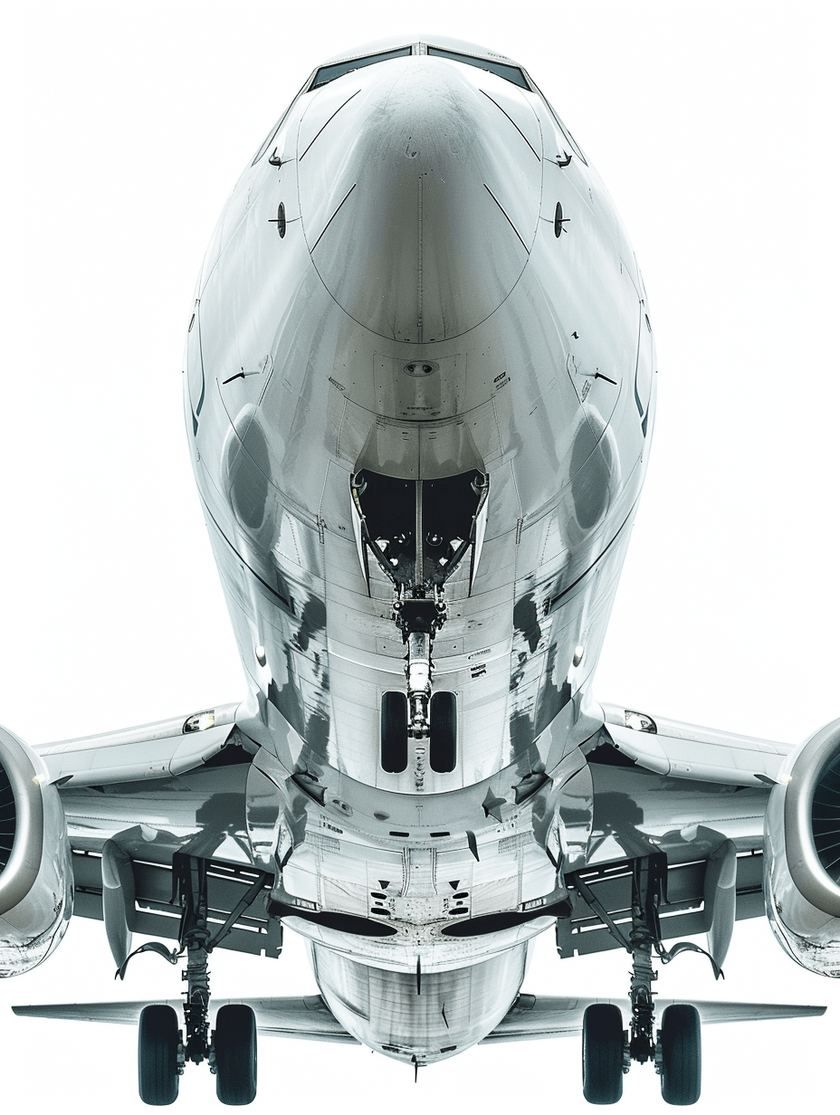 A complete large airplane on a white background, with a symmetrical composition shown in a frontal view and with a silver metal texture, photographed in high definition. The style is reminiscent of in the style of an aircraft photographed by an aviation photographer.