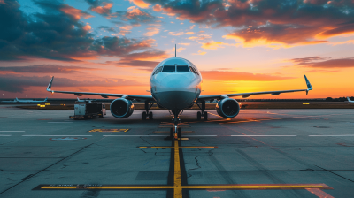 A commercial airplane was parked on the airport tarmac at sunset, with a beautiful sky in the background. The plane was facing forward and ready for takeoff.