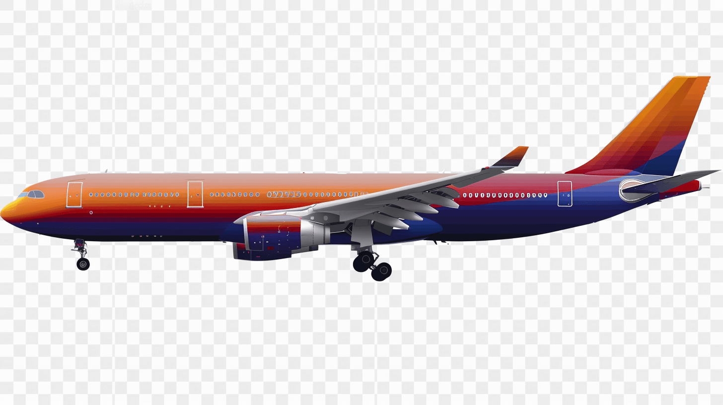 A side view of an airplane with orange, blue and purple colors flying isolated on transparent background cutout PNG file for graphic design elements stock illustration