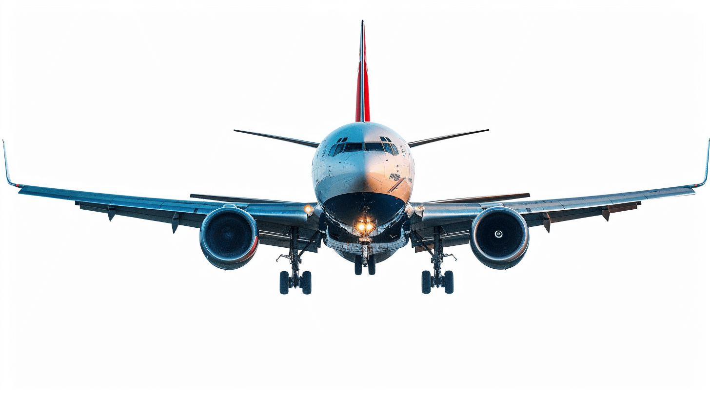 A commercial airplane was flying in the air, isolated on a white background with a clipping path. A full body photo showed a modern passenger plane landing at an airport, seen from behind. The front view showed an aircraft with its wings spread out and jet engines visible, ready to land. It had a red tail, blue livery color and lights illuminated. Isolated on a white background with an artistic effect in the style of ClipArt.