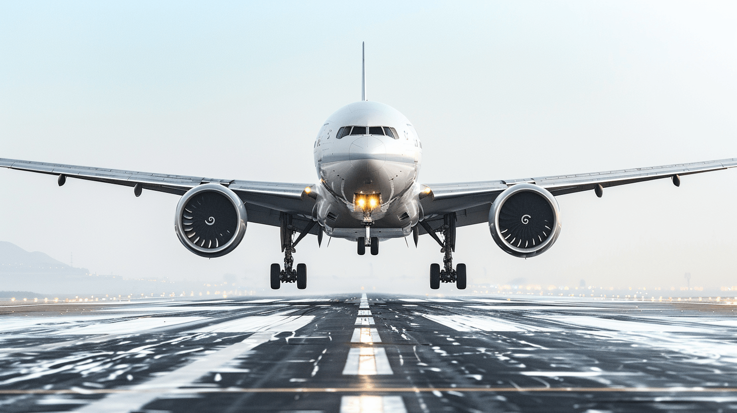 A commercial airplane landing on the runway, white color background, wide angle lens, soft lighting, clear details of aircraft and asphalt surface, cool tones, focus composition. The photo was taken by Nikon D850 with an aperture of f/22. This is an advertising photography style.