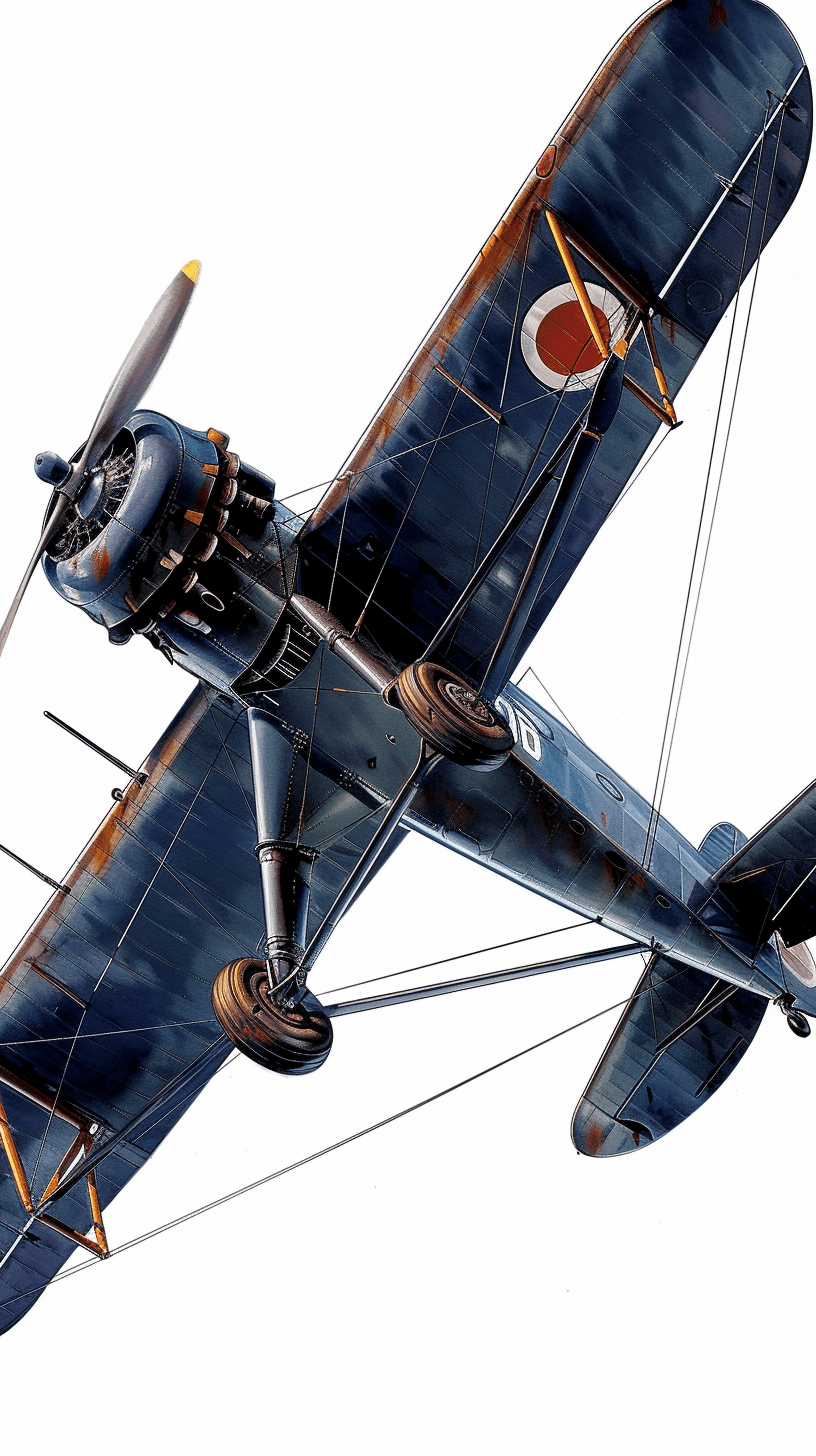 A British biplane, very old model with blue livery and white circle on the side of it, seen from above flying straight towards camera, white background, vector art, 2d game asset