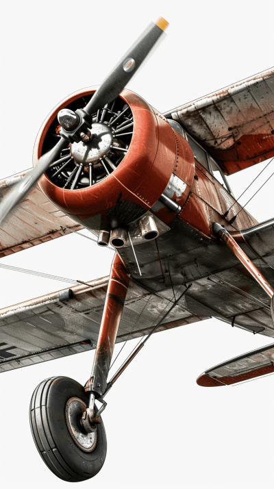 An old style biplane is depicted with its engine and propeller visible against a white background in the style of photorealistic hyperrealism. The high resolution photographic image shows a low angle frontal close up view of the biplane in a flat lay perspective with a symmetrical composition. Professional color grading was applied with soft shadows and no contrast, maintaining a clean sharp focus with bokeh and a film grain effect to invoke vintage tones.