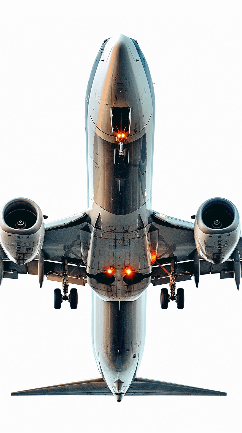 Realistic photograph of an airplane from the front on a white background, with bright lights and shadows, in the style of high definition photography with high resolution details and professional color grading, isolated on a white background.