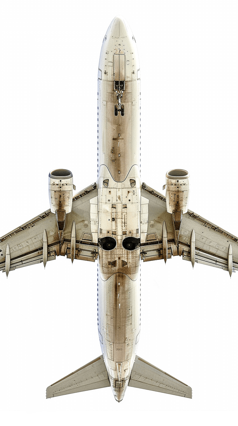 An airplane viewed from above on a white background in a hyper realistic photographic style.