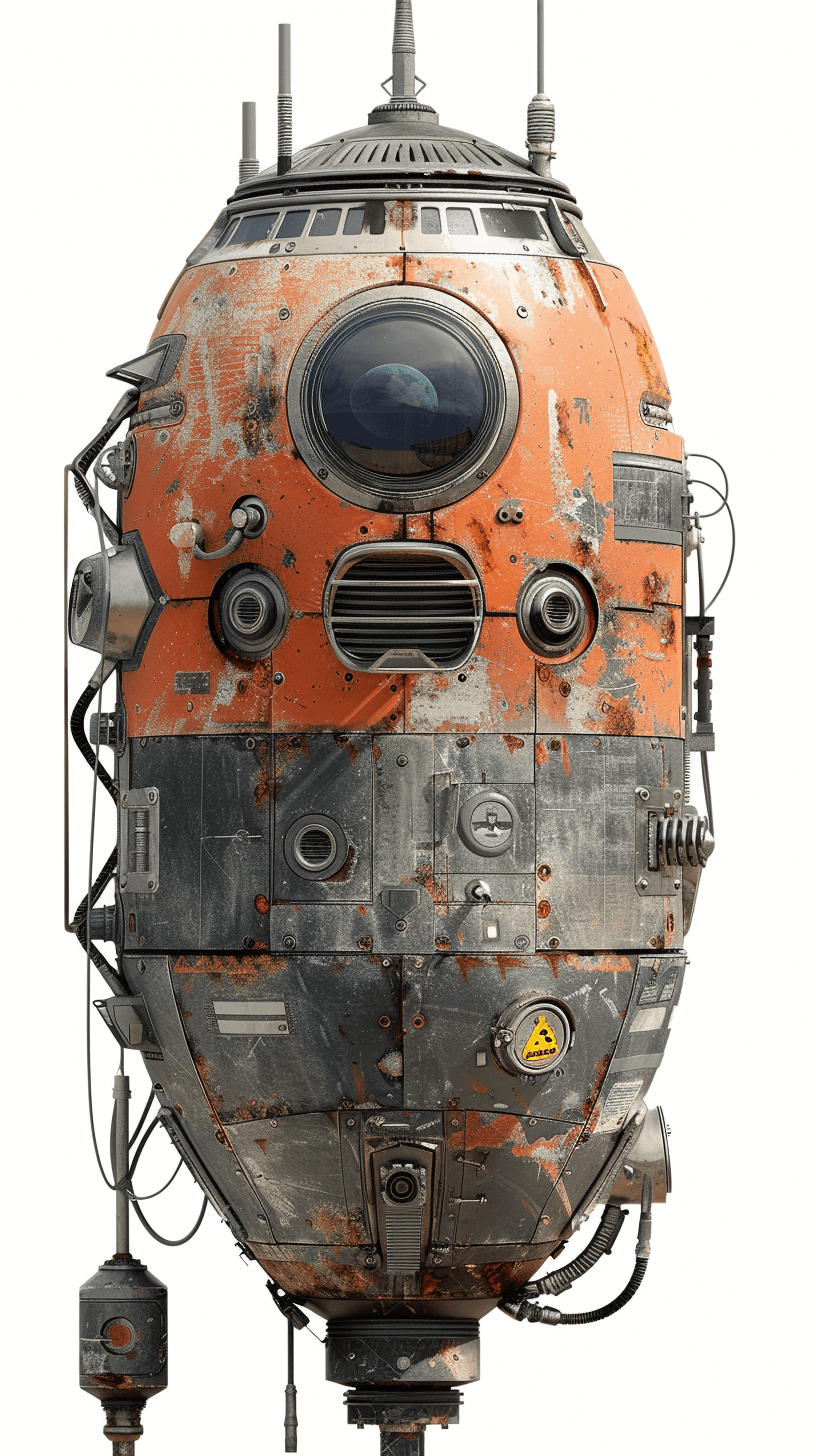 A spaceship made of rusted metal with an orange color. It has two large round windows on the front with small lights around it. Wires are hanging from its sides. It has several buttons and control panels. The style is hyperrealistic 3D rendering in the style of a cinematic style. The composition is centered with studio lighting. It is a high resolution photograph of an insanely detailed spaceship in sharp focus and high definition as an isolated object with fine details.