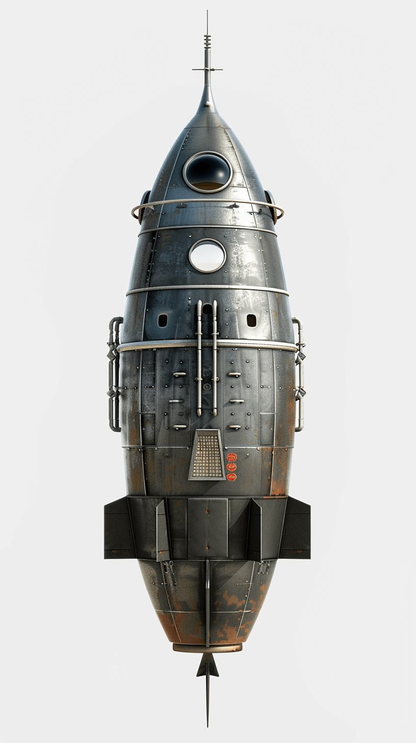 3d render of an old rocket, top view, white background, high resolution, studio lighting