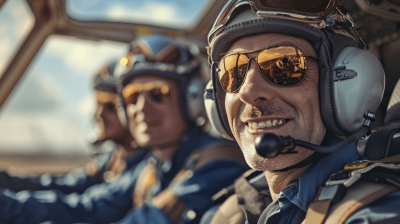 Portrait of two male pilots smiling in the cockpit, flying together in an airplane. Conceptual photography of a pilot team ready for flight. A close up portrait of men wearing professional blue uniforms and helmets with sunglasses in an aircraft, in the style of pilot team photography.