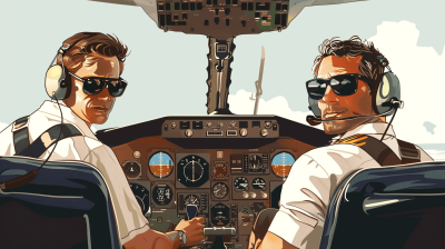 Two male pilots in the cockpit of an airplane, in the style of vector art. Wearing sunglasses and headphones, a white shirt with black trim on the sleeves. Simple background, in the style of vector illustration. Flat design, high resolution, highly detailed, vector graphics, professional illustrations.